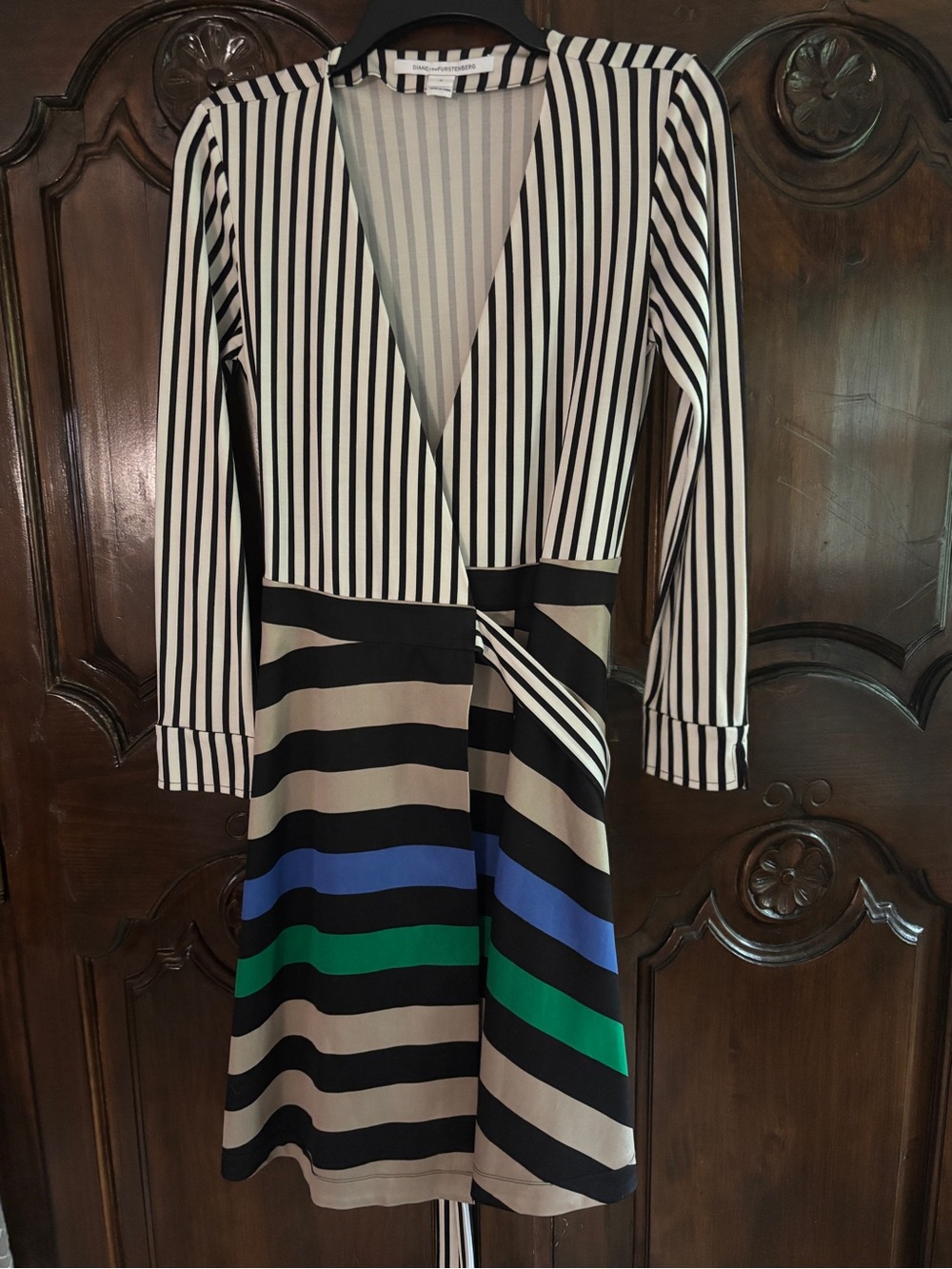 Diane Von Furstenberg Black, Cream, Blue & Green Long Sleeve Wrap Dress